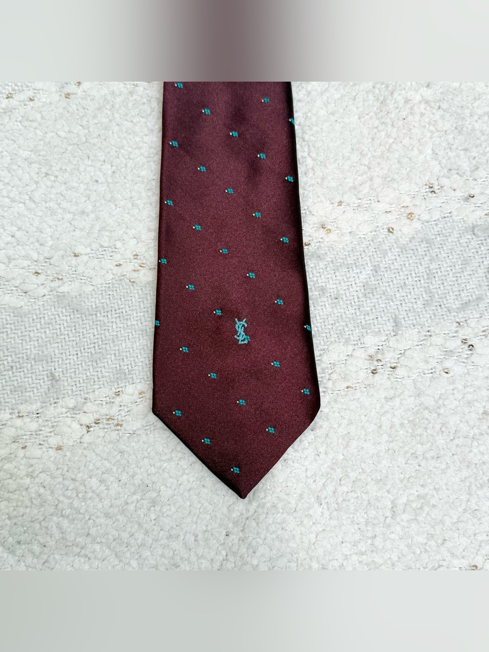 YSL Yves Saint Laurent tie maroon, blue and white 100% silk neck tie